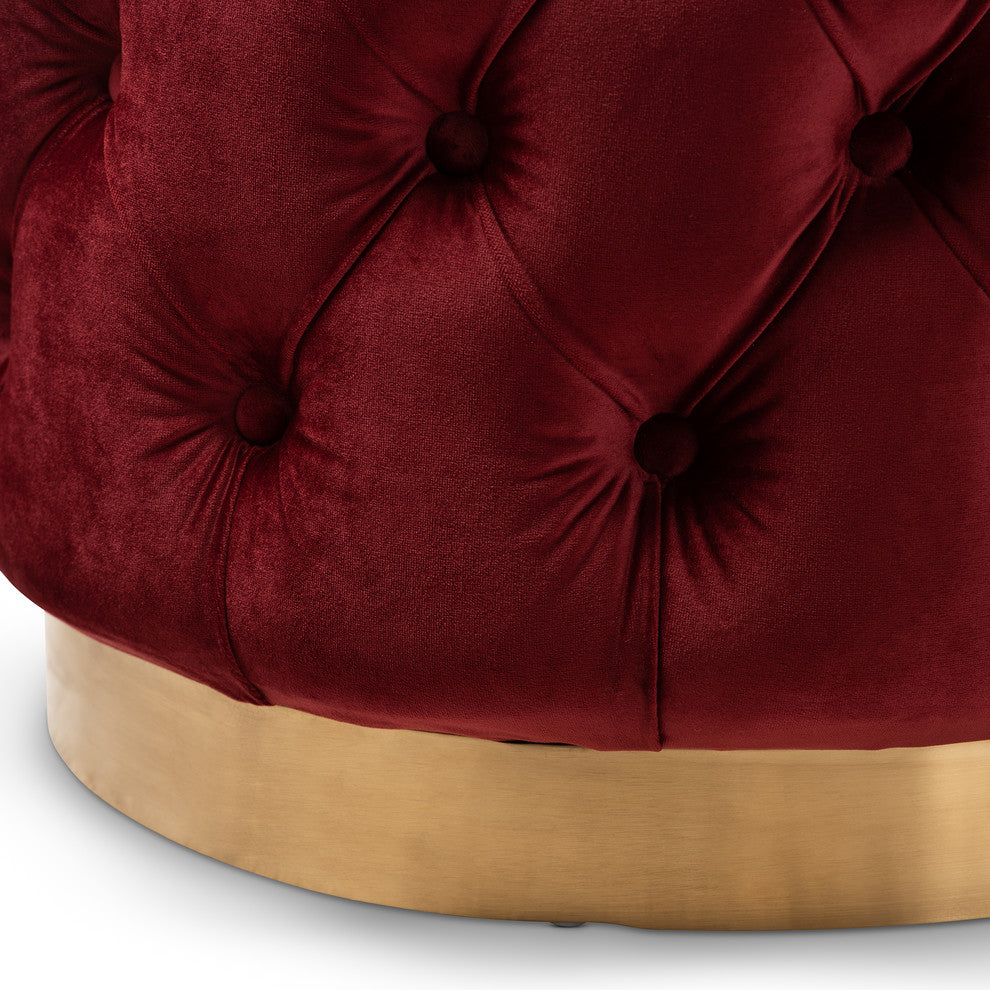 Maxine Glam Velvet Fabric Gold Button Tuft Ottoman, Burgundy