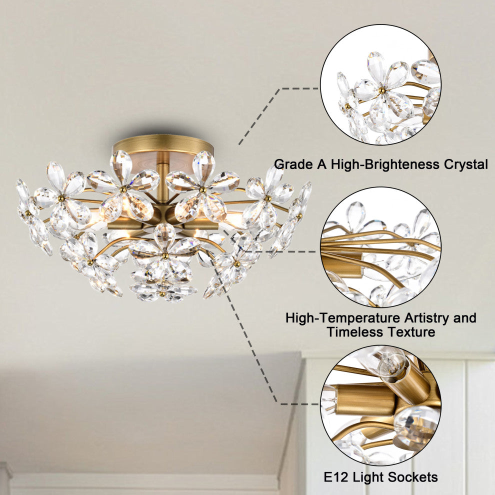 Grace 6-Light Crystal Glass Flower Flush Mount, Brushed Brass Finish