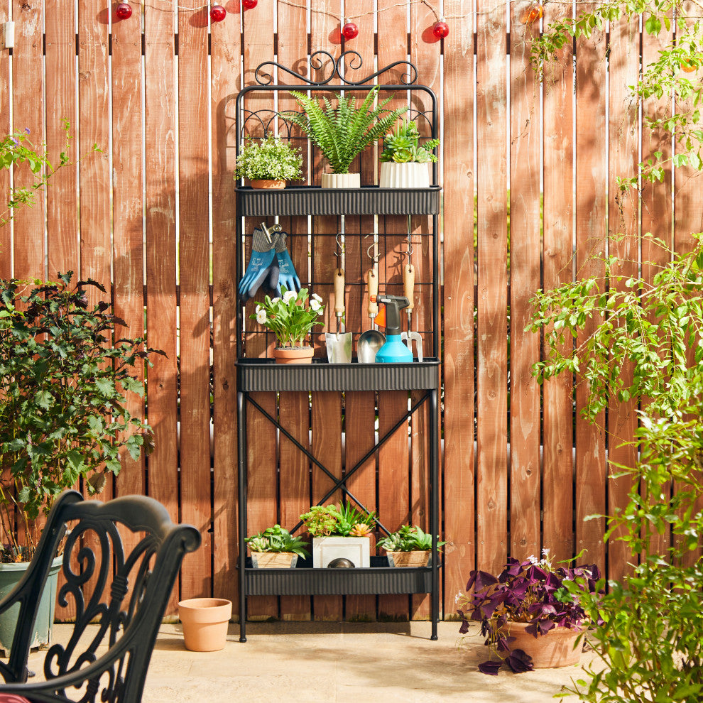 68"H 3-Tiered Metal Shelf Planter Stands, Black