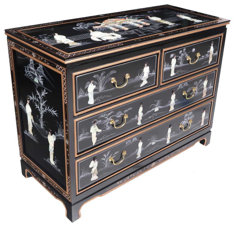 Shiny Black and Pearl Inlaid Oriental Dresser With 4 Drawers