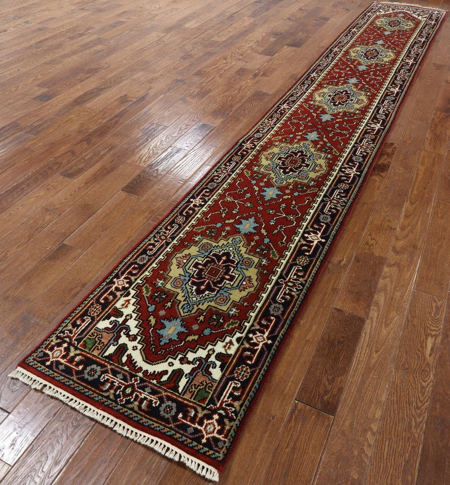 Traditional Floral 3'x16' Heriz Serapi Runner Hand Knotted Wool Rug H9213