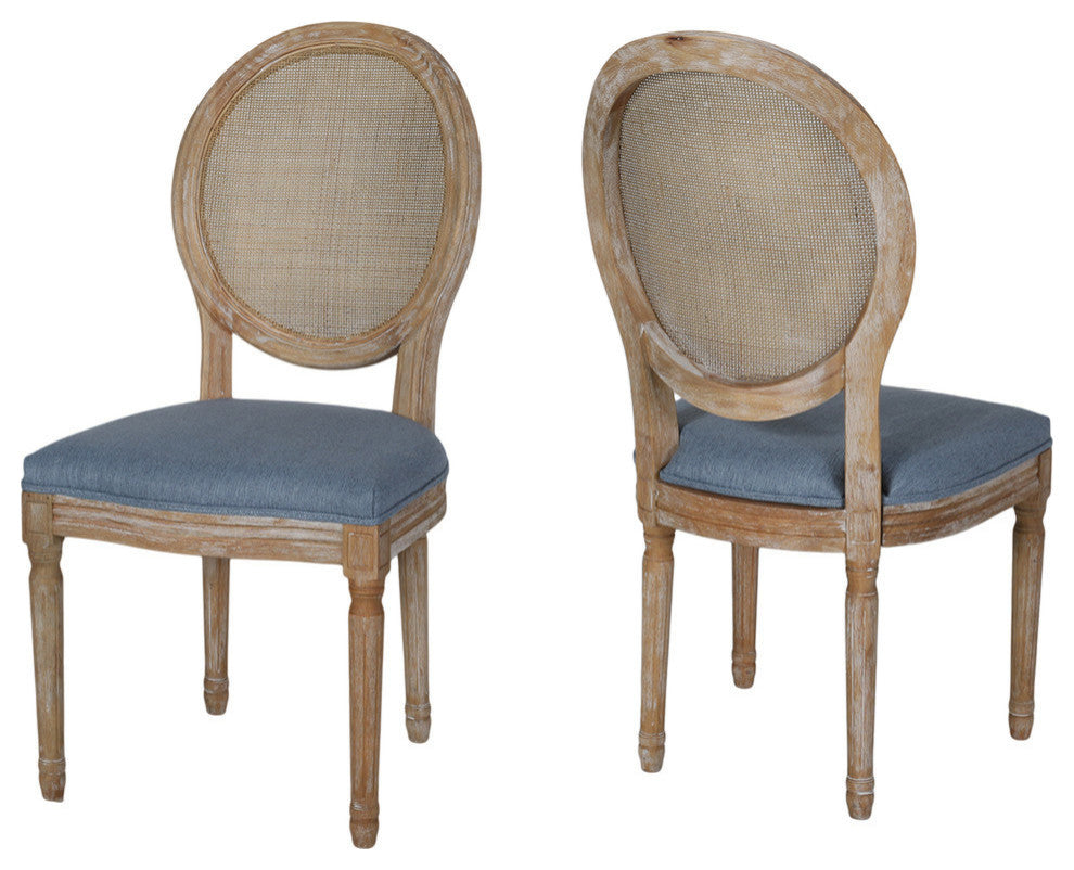 Camilo Wooden Dining Chair With Wicker and Fabric Seating, Set of 2, Light Blue, Natural