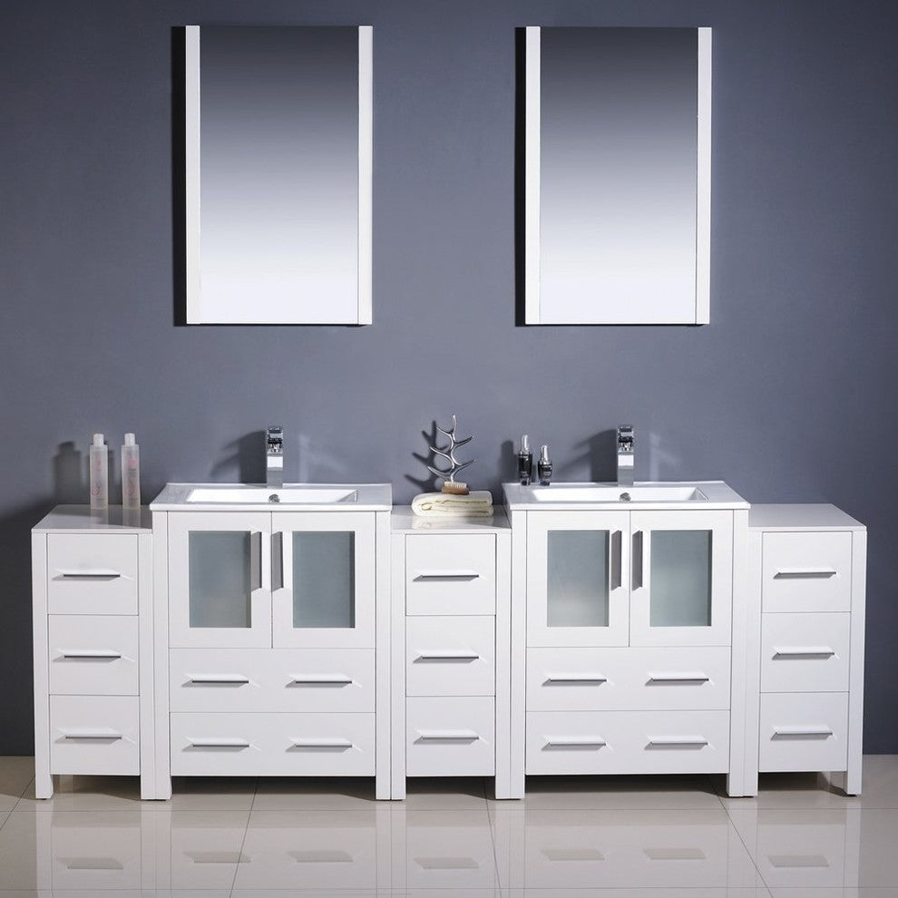 Torino 84" White Modern Double Sink Bathroom Vanity, Faucet FFT9151BN