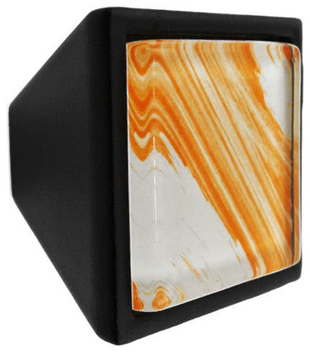 Hand Brushed Orange Tilted Strokes Crystal Glass Black Metal Square Frustum Knob