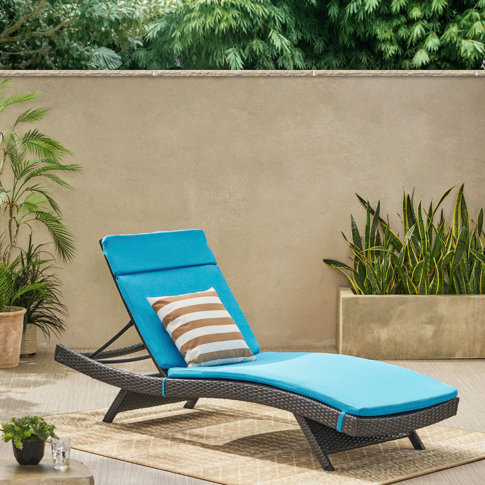 GDF Studio Nassau Outdoor Gray Wicker Adjustable Chaise Lounge, Blue Cushion
