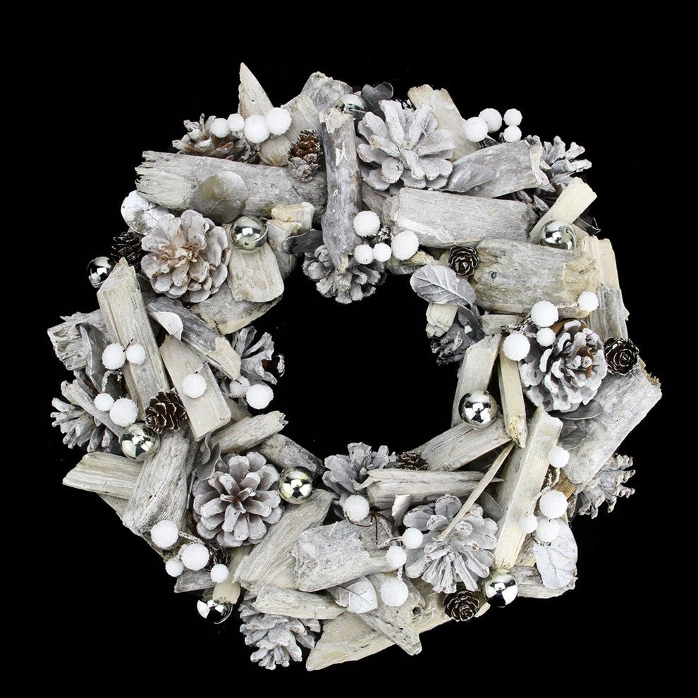13" White Driftwood and Pine Cone Artificial Christmas Wreath, Unlit
