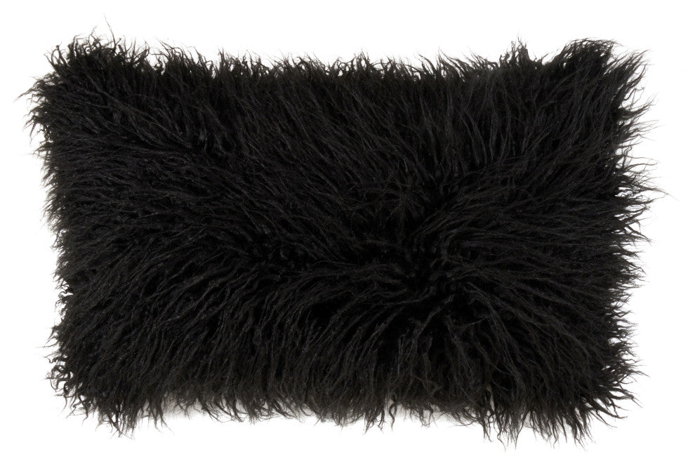 Poly Filled Mongolian Faux Fur Throw Pillow, 12"x20", Black