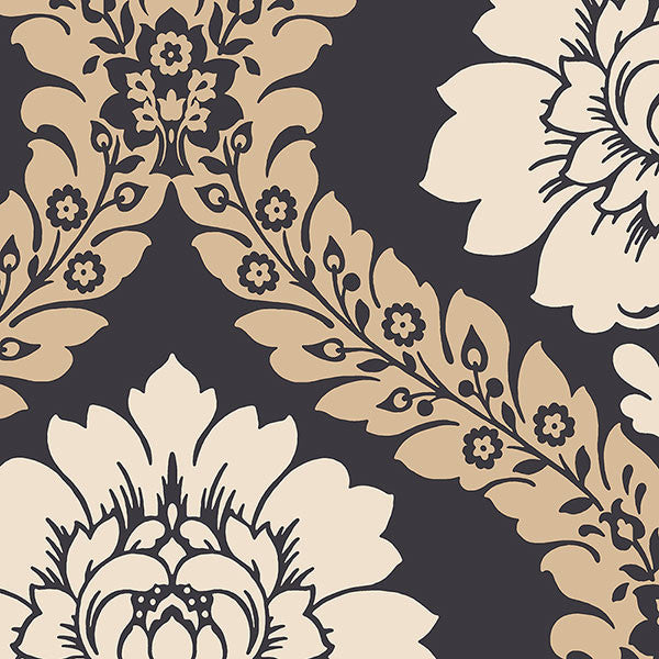Modern Floral Damask, Black and Beige, Set of 2 Bolts