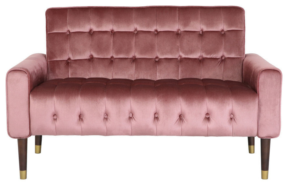 Aubrie Tufted Velvet Loveseat With Gold Tipped Tapered Legs, Blush, Gold Finish