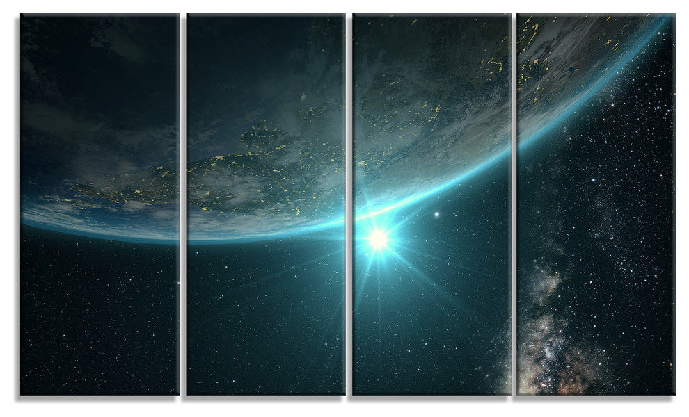 "Sunrise in Earth From Space" Contemporary Landscape Wall Art, 4 Panels, 48"x28"