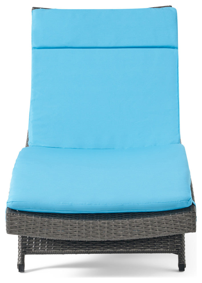 GDF Studio Nassau Outdoor Gray Wicker Adjustable Chaise Lounge, Blue Cushion