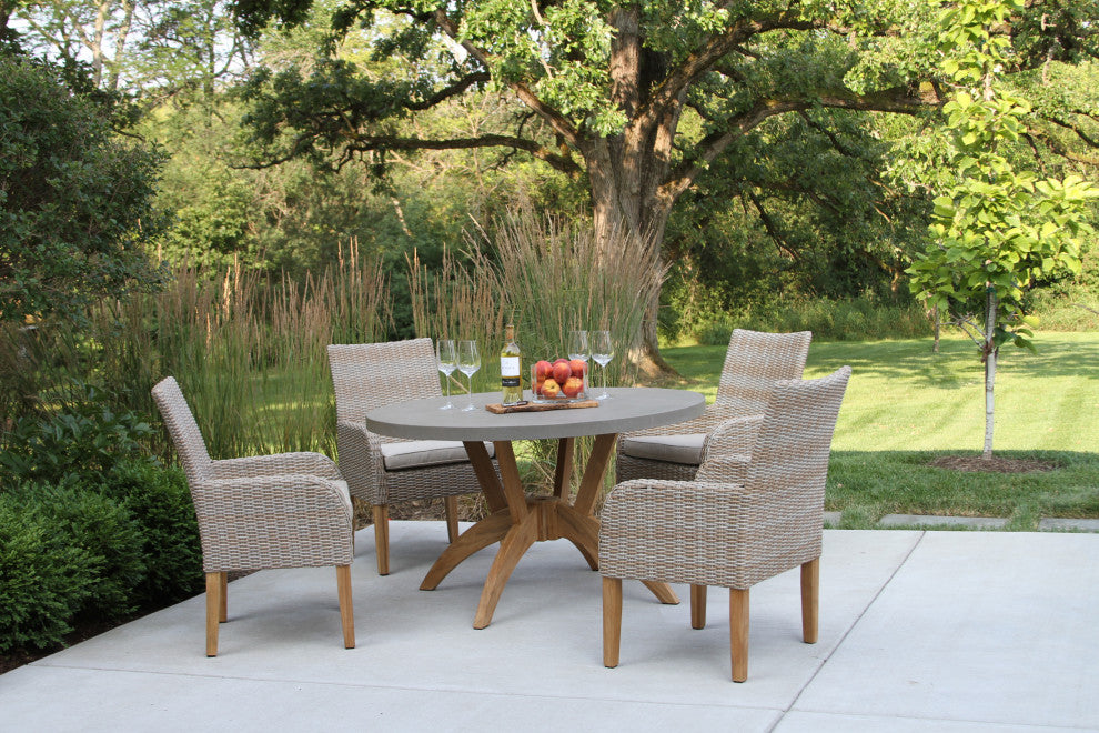 5-Piece Nautical Teak, Ash Gray Wicker Round Dining Set, Sunbrella