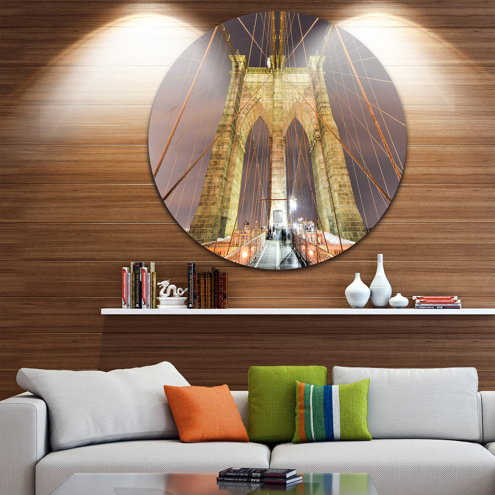 Brooklyn Bridge Tower And Cabling, Cityscape Disc Metal Wall Art, 23"