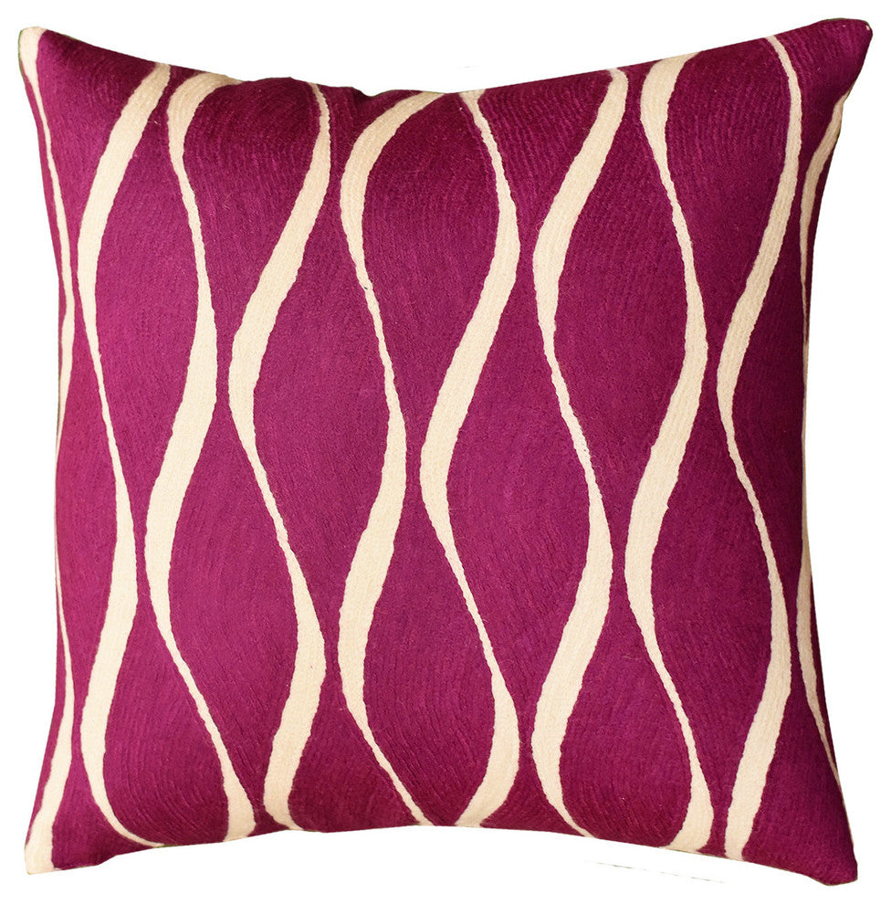Contemporary Waves Tyrian Purple Decorative Pillow Cover Handmade Wool 18x18"
