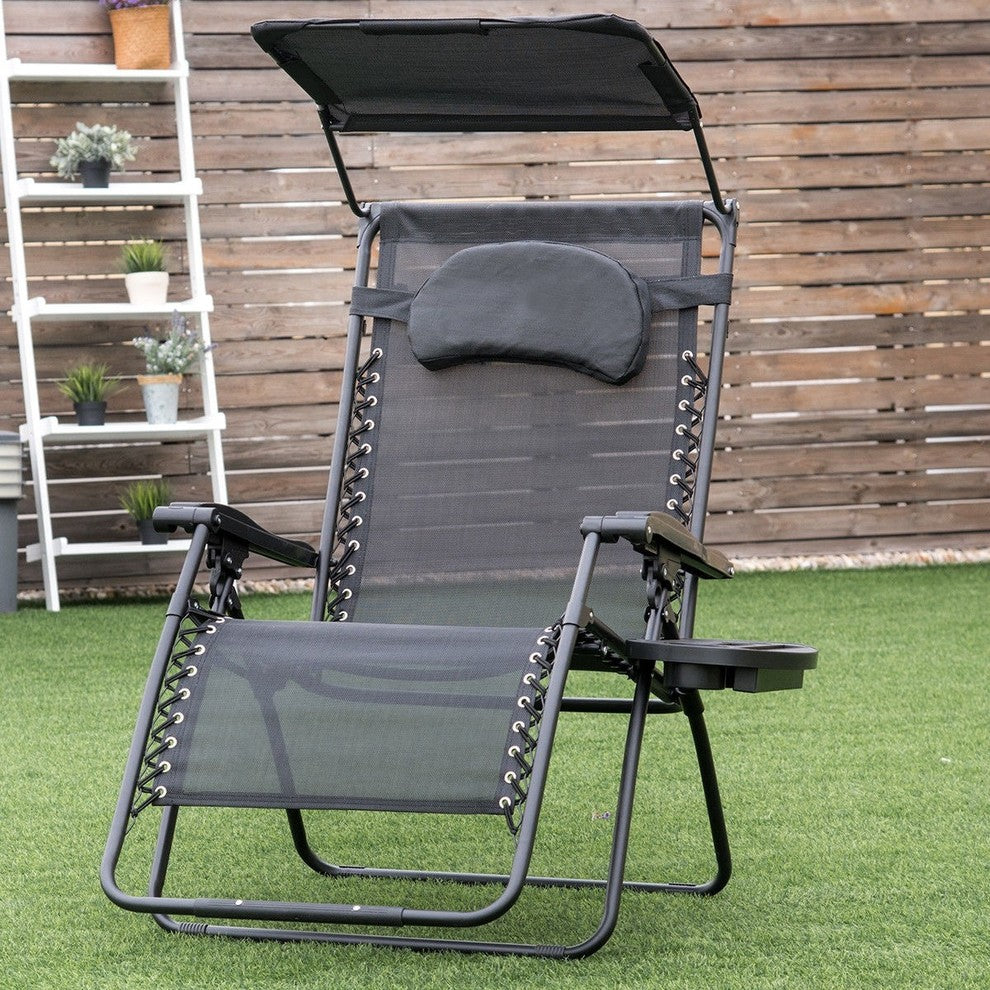 Folding Recliner Lounge Chair With Shade Canopy Cup Holder, Black