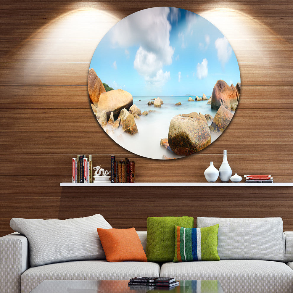 Rocky Blue Seashore Panorama, Round Metal Wall Art Landscape, 23"