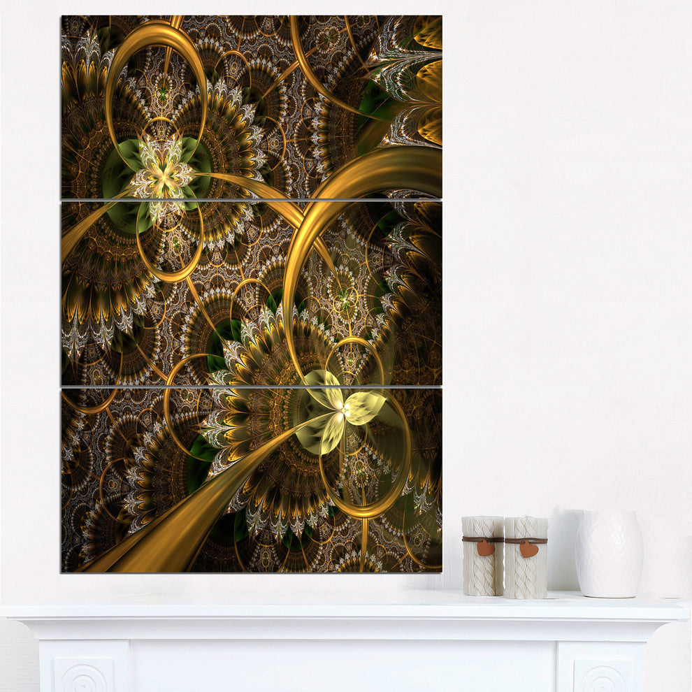 "Dark Green Gold Digital Fractal Flower" Metal Wall Art, 3 Panels, 28"x36"