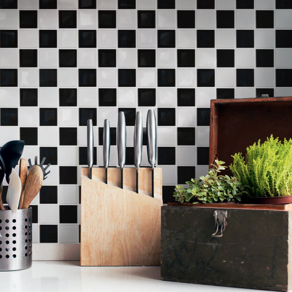 Metro Quad Checkerboard Glossy Black and White Porcelain Floor and Wall Tile