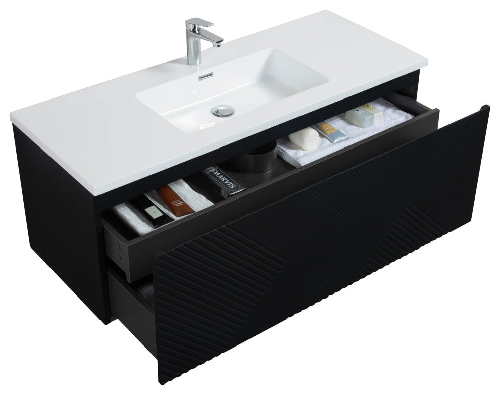 Matte Black Wall Mount Bath Vanity, Integrated Sink, White Sink, 48"