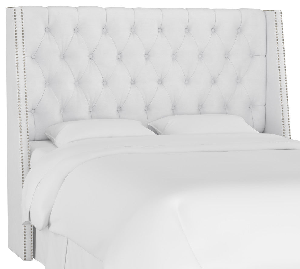 Williams King Nail Button Tufted Wingback Headboard, Velvet White