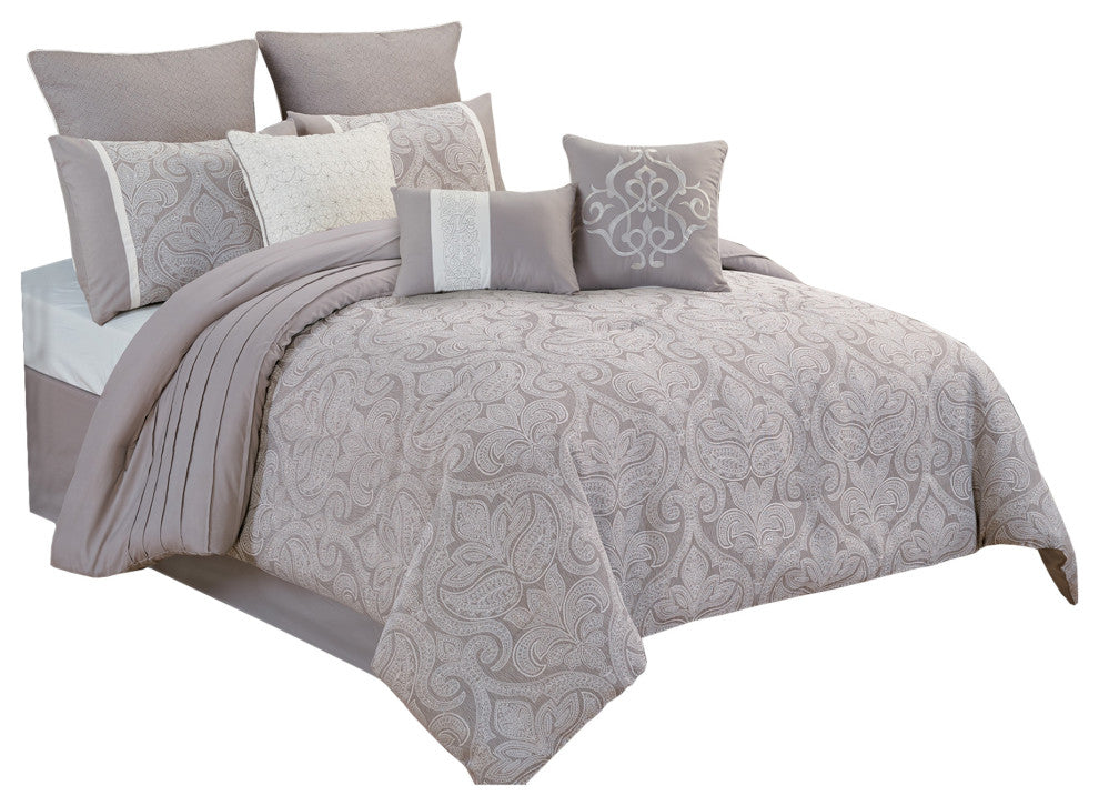 Benzara BM225209 King Size 10 Piece Comforter Set, Medallion Prints, White