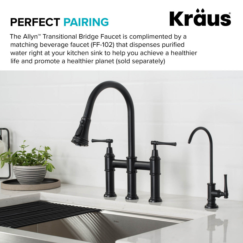 Allyn Traditional 3-Function Bridge Pull-Down Kitchen Faucet Matte Black
