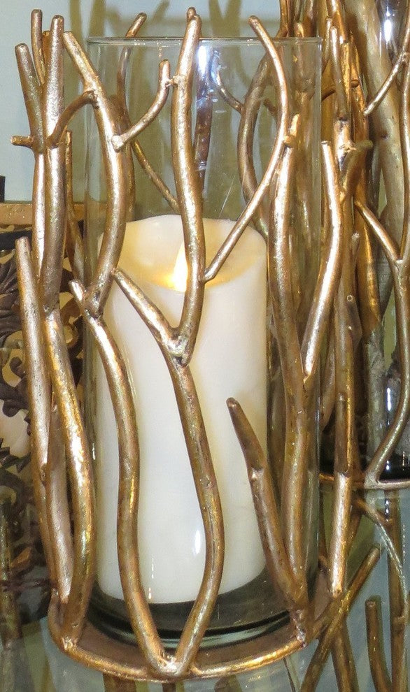 Tall 12" Gold Branch Pillar Candle Holder, Metal Hurricane Twig