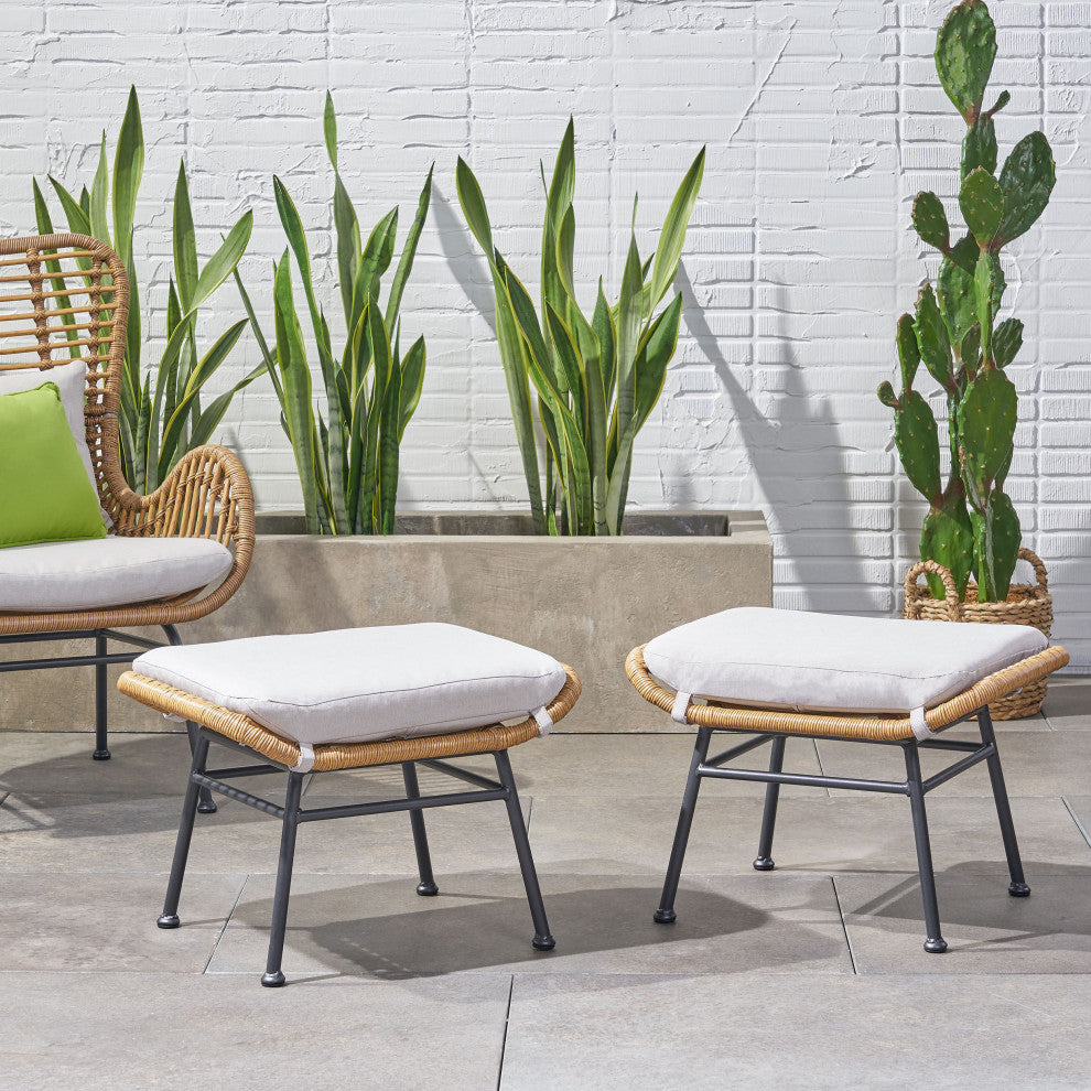 Gloria Outdoor Modern Boho Wicker Ottoman, Set of 2, Brown