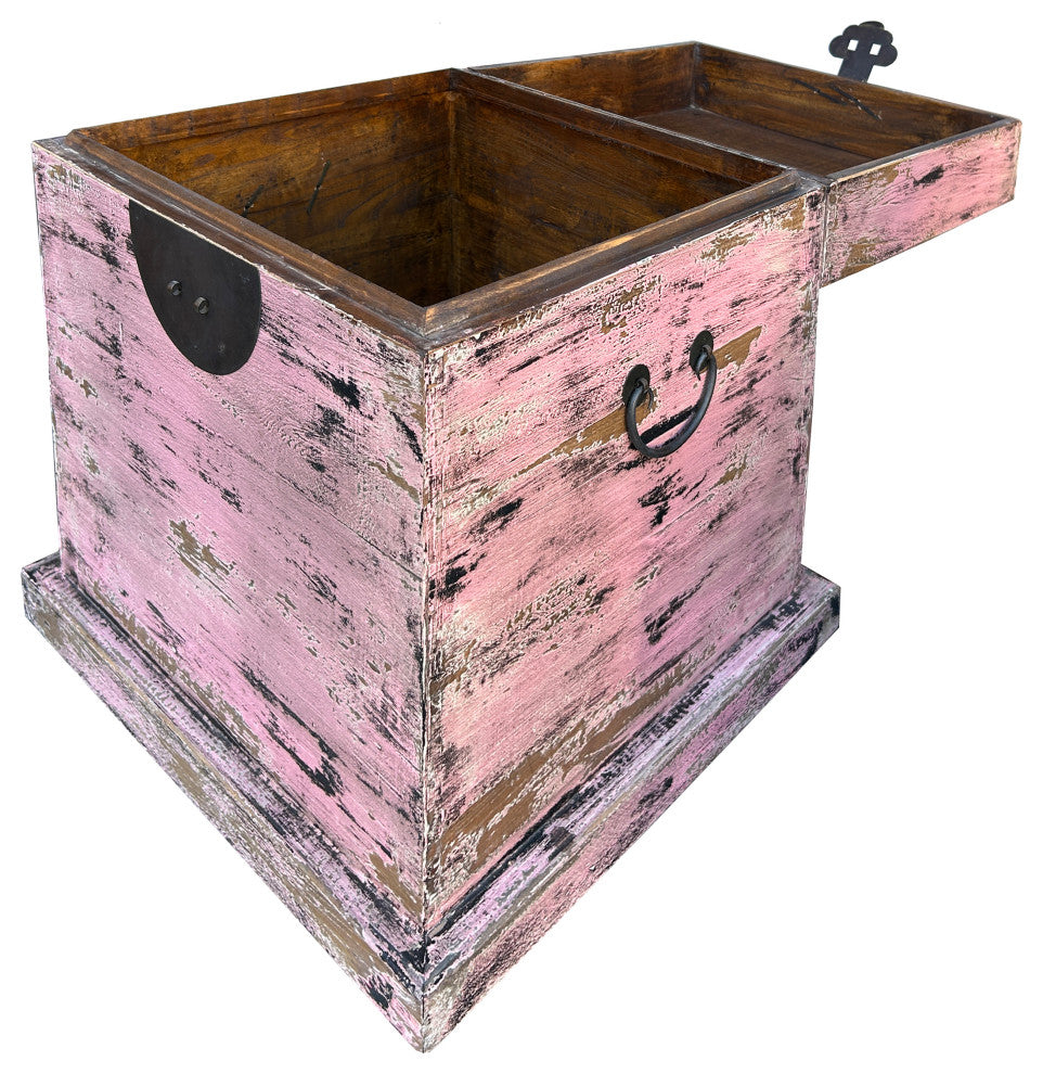 Distressed Pastel Pink Square Moon Face Wood Trunk Box