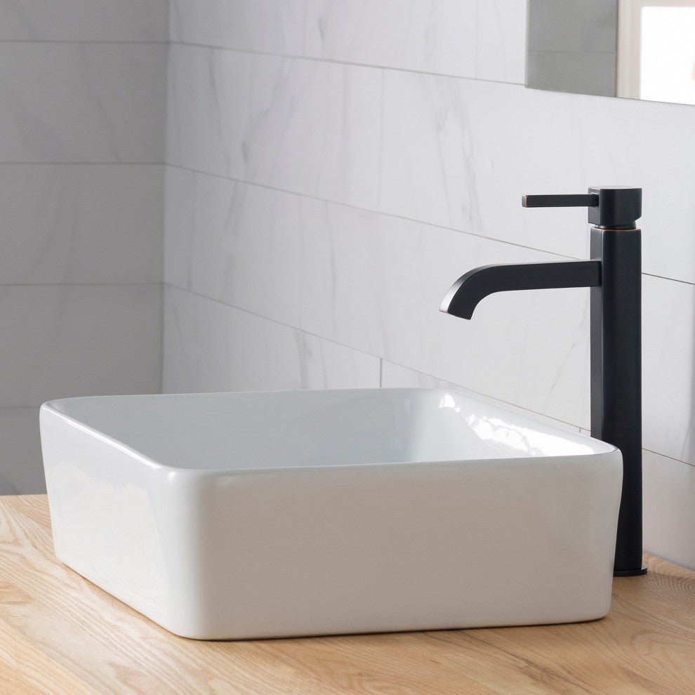 Elavo Square Ceramic Vessel Sink, Bathroom Ramus Faucet, PU Drain, Oil Rubbed Bronze