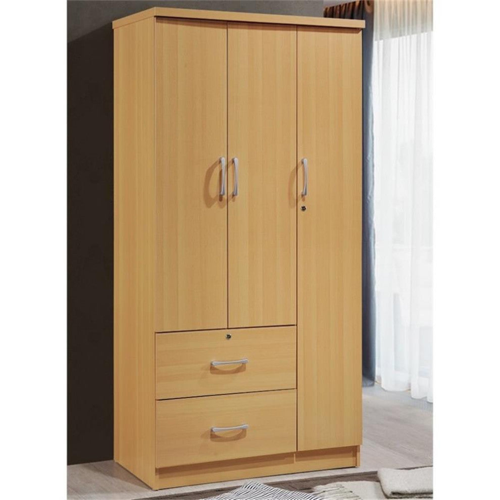 Hodedah 3 Door Armoire with 2 Drawers 3 Shelves in Beige Wood