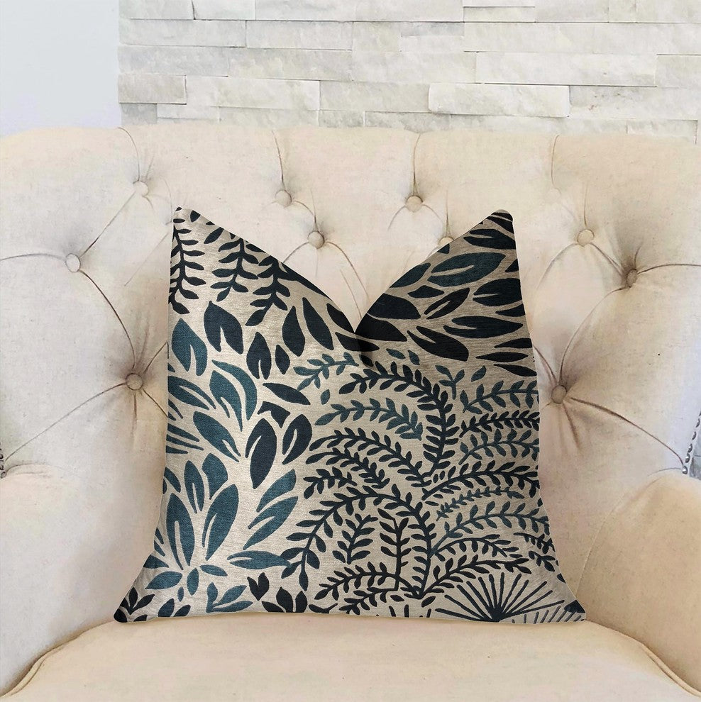 Leaf Snap Blue and Beige Luxury Throw Pillow, 22"x22"