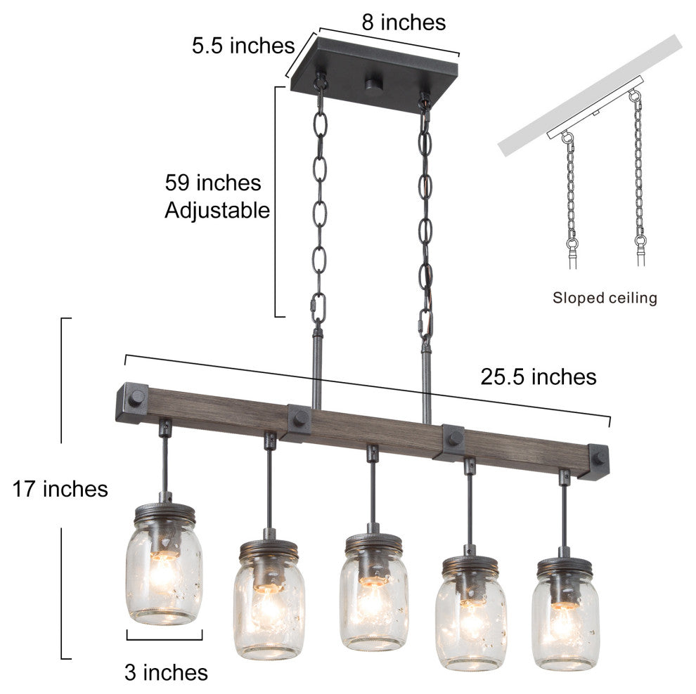 LNC Farmhouse Mason Jar Glass and Wood Kitchen Island Light, Clustered