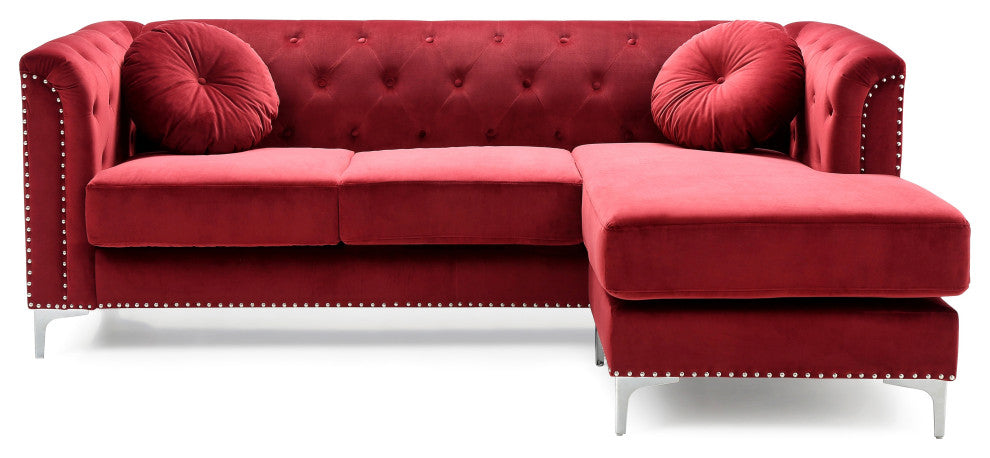 Pompano 83 in. Burgundy Tufted Velvet Sectional With 2-Throw Pillow