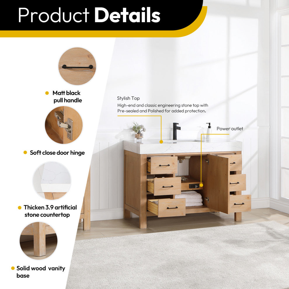 Leon Bath Vanity With Composite Stone Top, Fir Wood Brown, 48", With Mirror