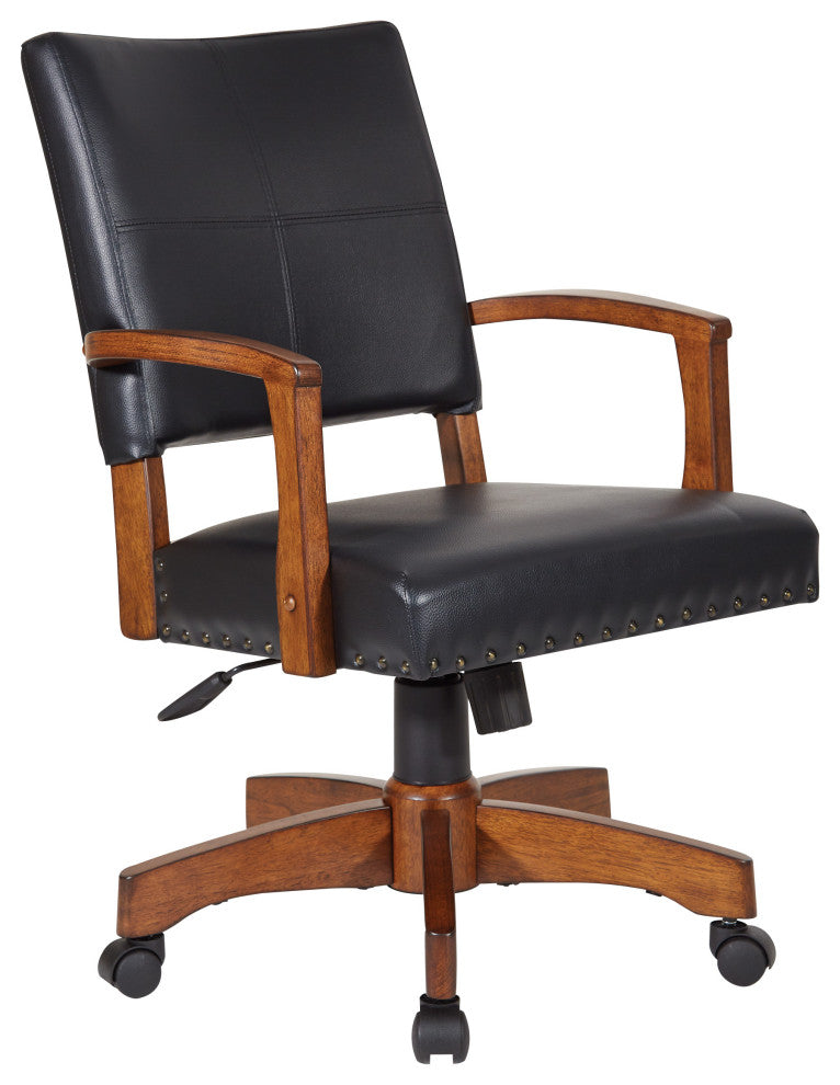 Deluxe Wood Bankers Chair, Black Faux Leather With Antique Bronze Nailheads, Bla
