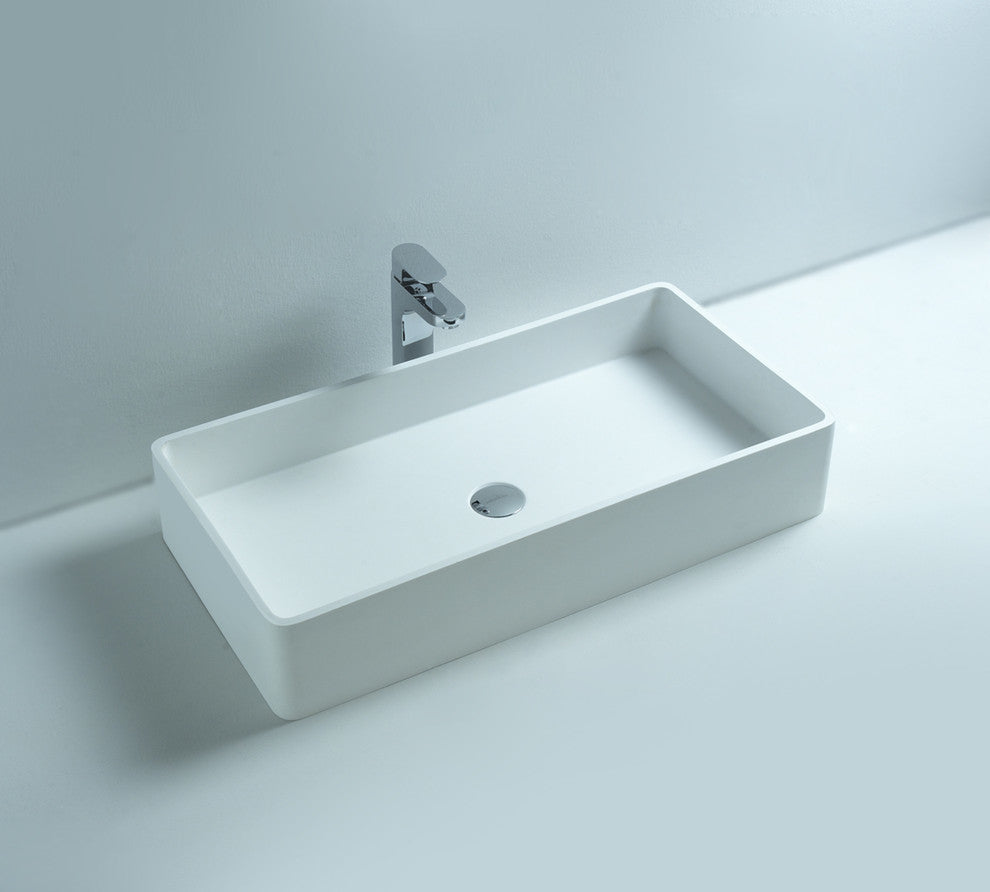 ADM Large Rectangular Stone Resin Countertop Sink, White, 32", Glossy White