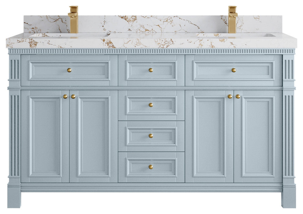 Paris 60" Double Sink Bathroom Vanity, Blue Heather 2" Viola Gold