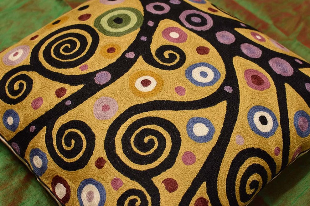 Klimt Tree of Life Yellow Pillow Cover Soulful Hand Embroidered Wool 18x18"