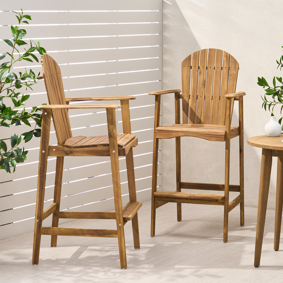GDF Studio Malibu Outdoor Finish Acacia Wood Adirondack Barstools, Natural Stain, Set of 2