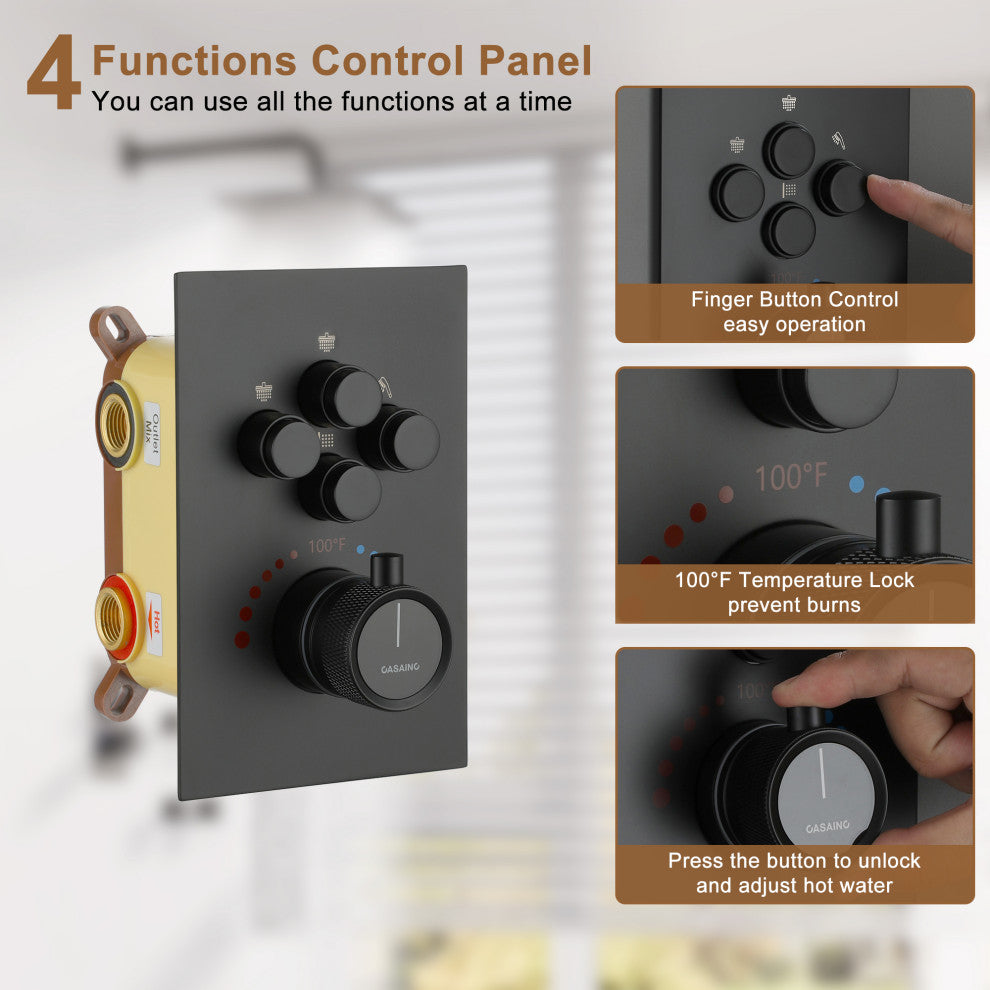 12" Dual Heads Shower System with 4 Way Thermostatic Faucet, Matte Black