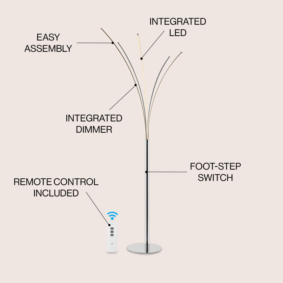 Minimalist Metal 5-Branch Arc Dimmable Integrated LED Floor Lamp, Remote Control