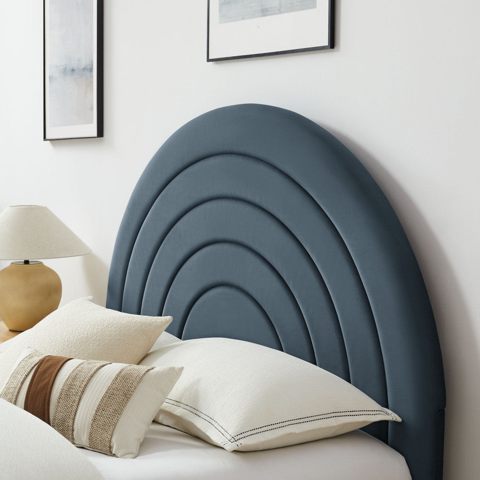 Solana Arched Performance Velvet King Platform Bed, Cadet Blue