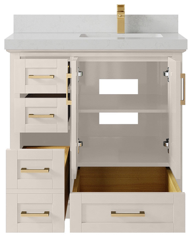 Boston 36" Right Offset Bath Vanity in Fine Grain 2" Carrara Quartz