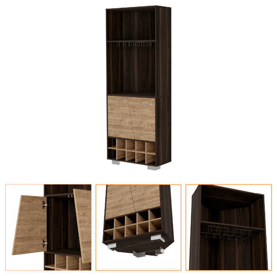 Bahamas Corner Bar with 10 Wine Cubbies, Dark Oak / Pine