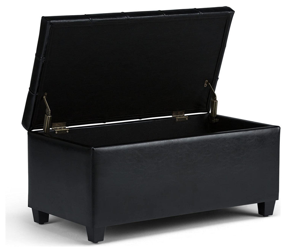 Rectangle Lift Top Storage Ottoman Bench in Midnight Black Tufted Faux Leather