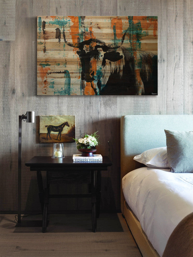 "Orange Teal Steer" Painting Print on Natural Pine Wood, 36"x24"