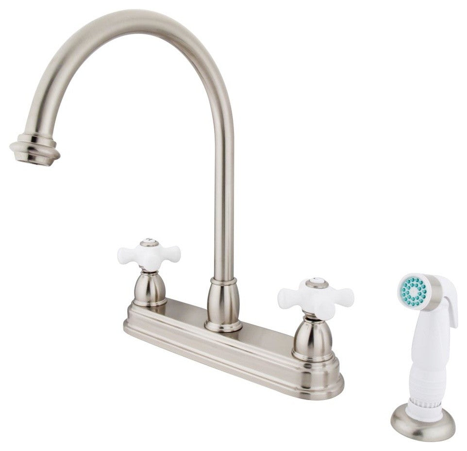 Restoration Two Handle 8" Kitchen Faucet with White Non-Metallic Sprayer