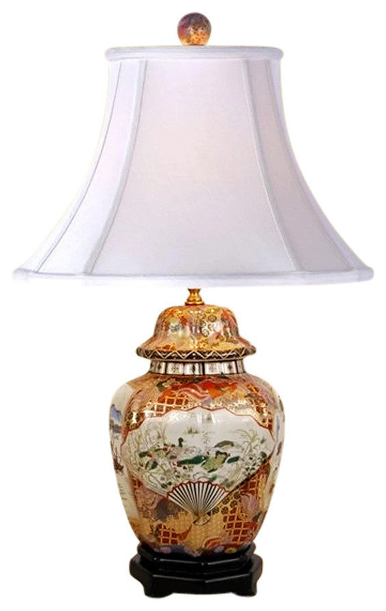 Chinese Porcelain Satsuma Style Scalloped Temple Jar Table Lamp 26"