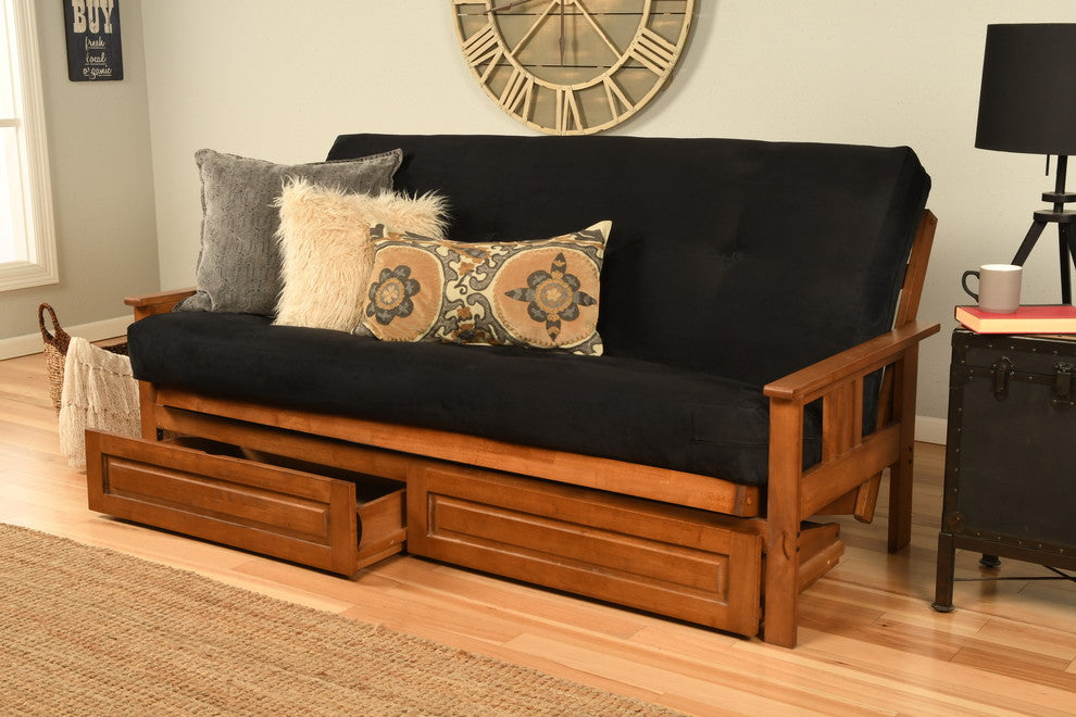 Caleb Frame Futon With Barbados Finish, Storage Drawers, Suede Black